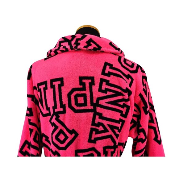Victoria Secret Pink Size M Hot Pink Logo in Black Fleece Bathrobe with Belt - Picture 6 of 11